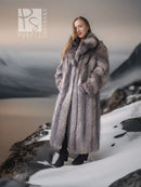 Long fox fur coat with shawl collar, standing side view, dark gray fur