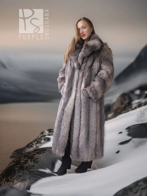 Long fox fur coat with shawl collar, standing side view, dark gray fur