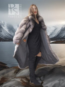 Long fox fur coat with shawl collar, angled front view, gray fur over dark outfit