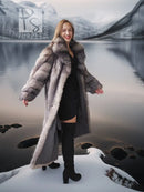 Long fox-fur coat with shawl collar, side view showing full sleeves and hem