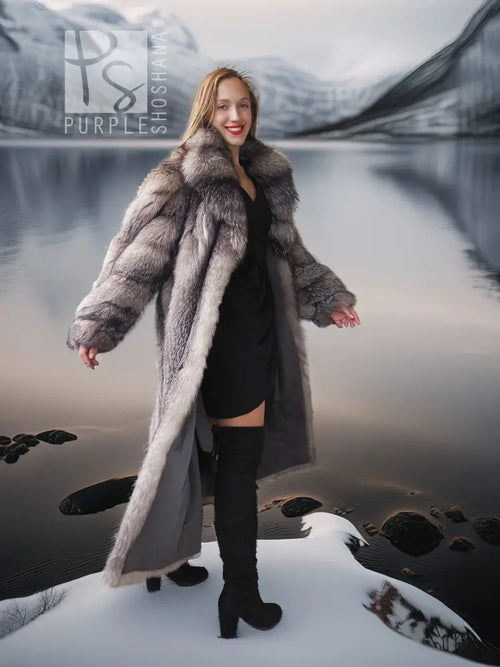 Long fox-fur coat with shawl collar, side view showing full sleeves and hem