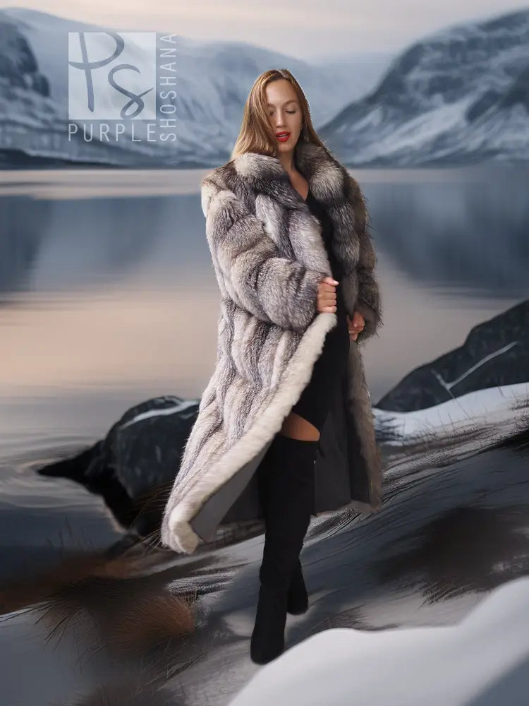 Long fox-fur coat with shawl collar, front three-quarter view with textured fur body