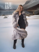 Fox-fur coat with shawl collar, folded cuffs and open front in side view