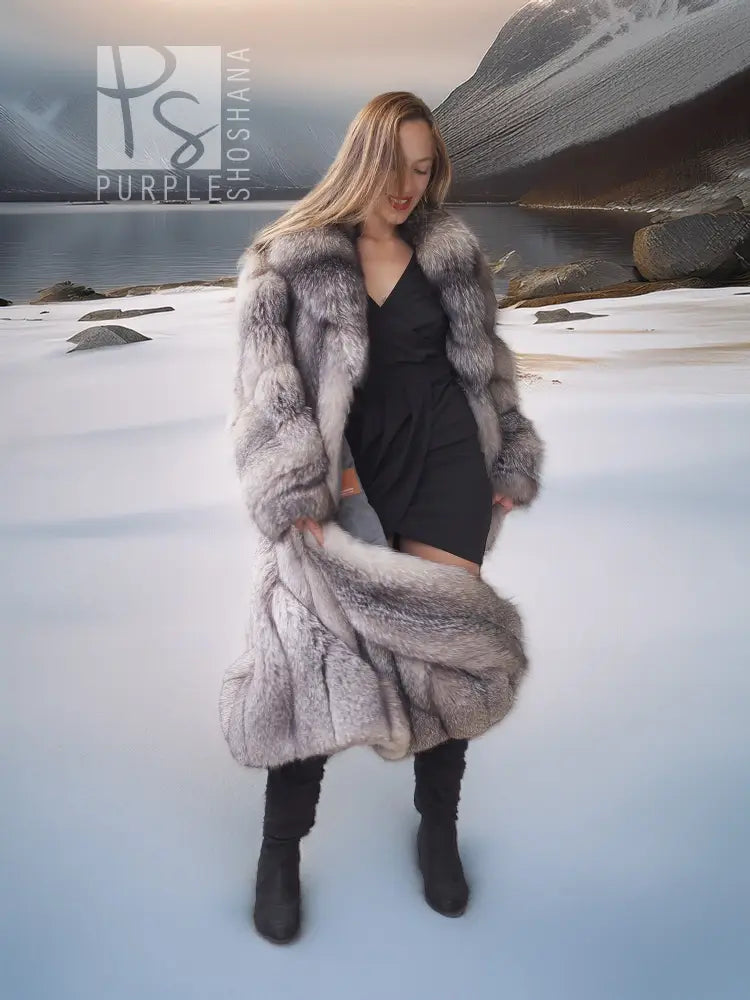 Fox-fur coat with shawl collar, folded cuffs and open front in side view