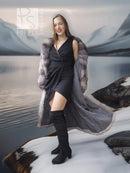 Long fox-fur coat with shawl collar, draped open front and fluffy sleeves