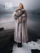 Fox-fur coat with shawl collar, front view with wide drape and open front