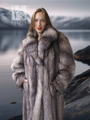 Long fox fur coat with shawl collar, front view, plush gray fur shoulders