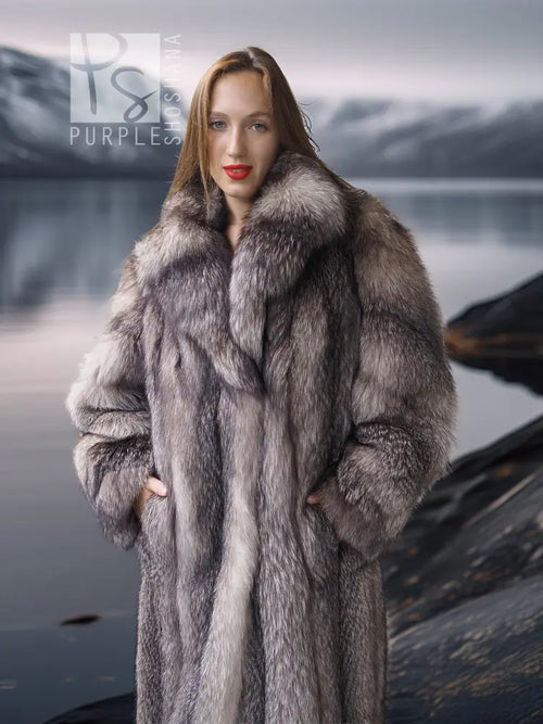 Long fox fur coat with shawl collar, front view, plush gray fur shoulders