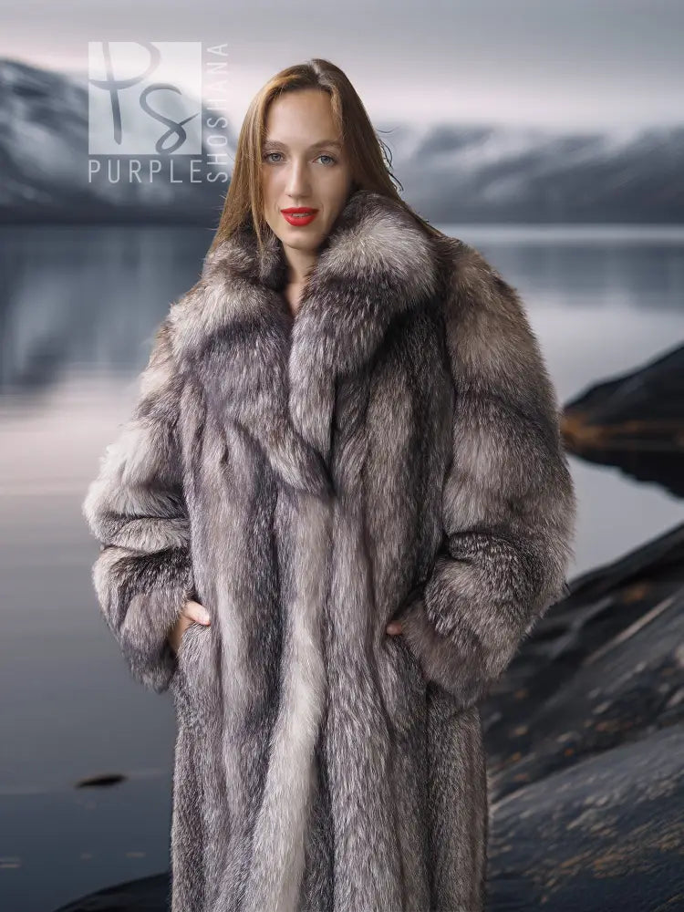 Long fox fur coat with shawl collar, front view, plush gray fur shoulders