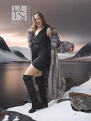 Fox-fur coat with shawl collar, open drape over dark outfit and long fur length