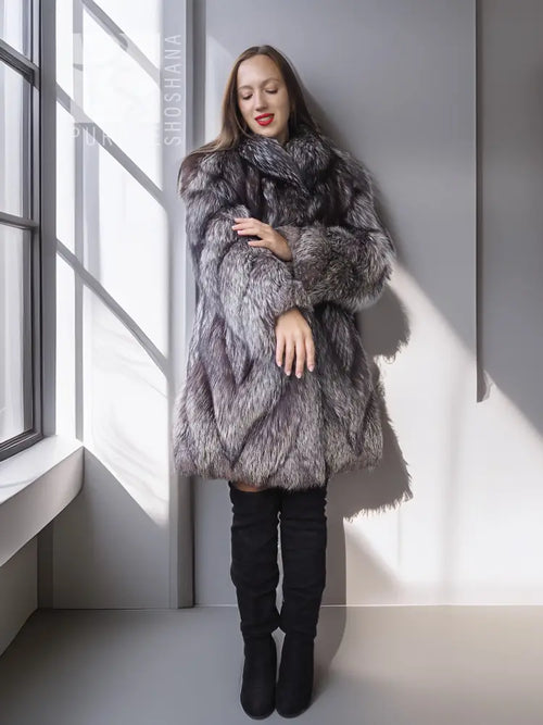Silver fox fur coat in dark gray, standing collar, thick fur texture, long sleeves.