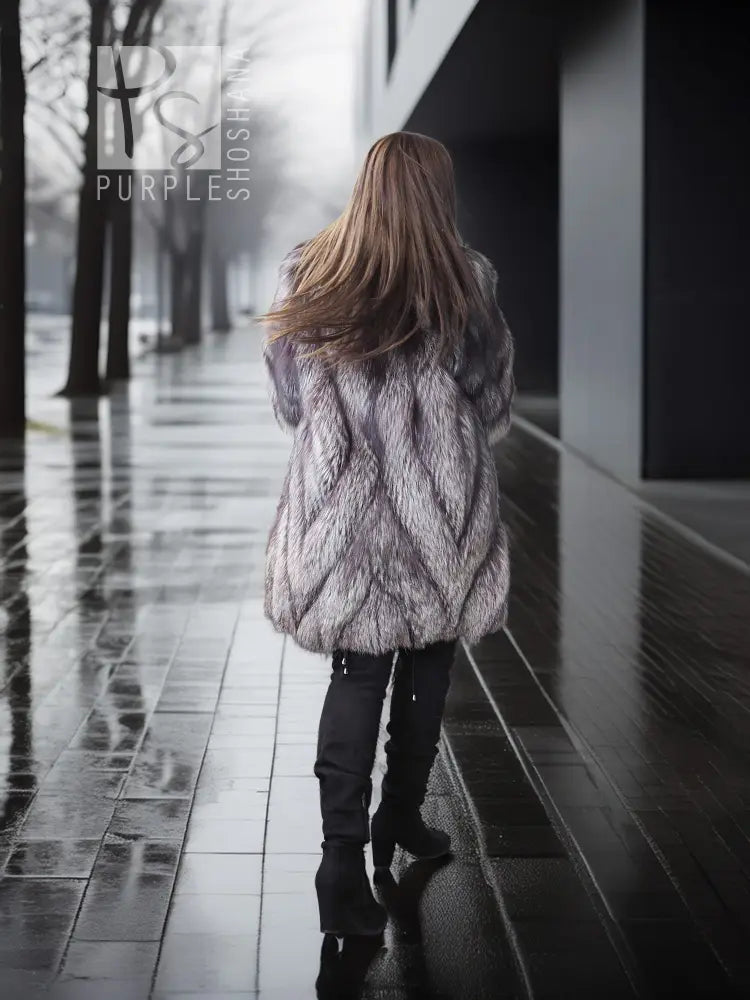 Gray silver fox fur coat from back with wide shoulder coverage and cuffs