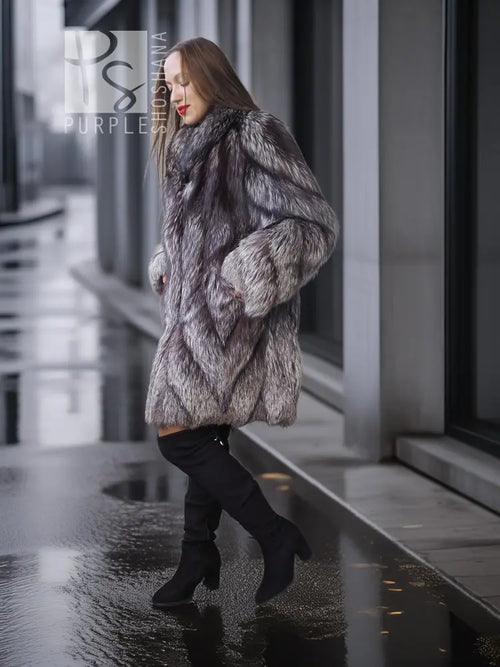 Gray silver fox fur coat with textured pattern and wide, draped sleeves
