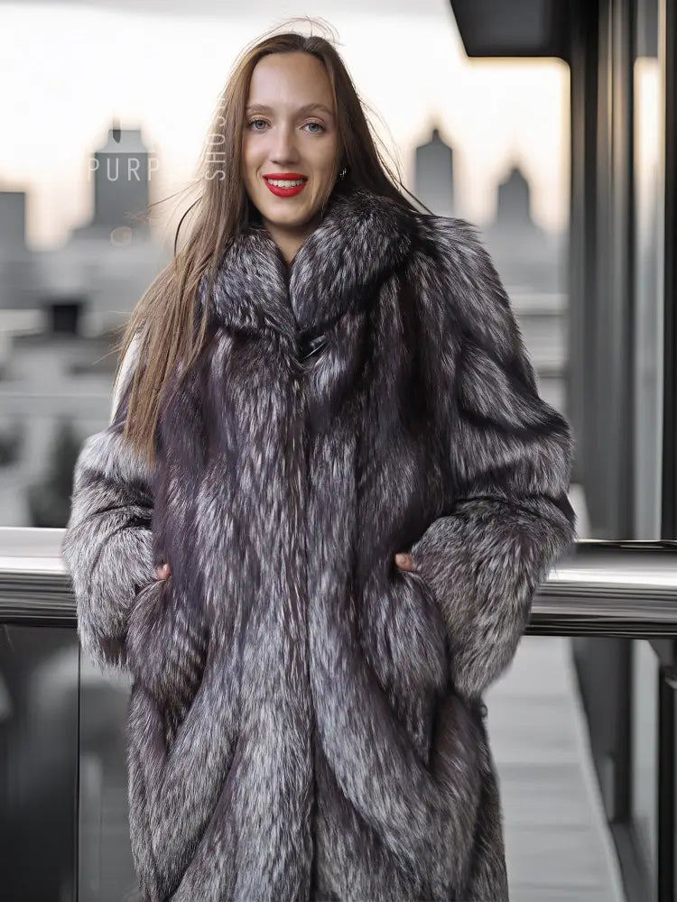 Silver fox fur coat in dark gray, standing collar, textured fur, button-front.