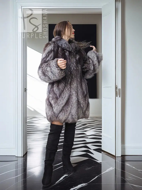 Gray silver fox fur coat with open front and standing collar