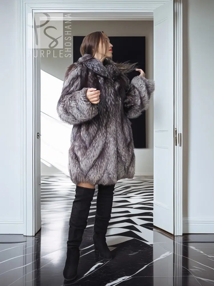 Gray silver fox fur coat with open front and standing collar