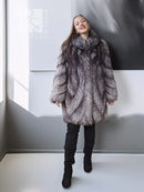 Silver fox fur coat in dark gray, front view with standing collar, mid-length hem.