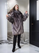 Silver fox fur coat in dark gray, oversized texture, standing collar, button-front.