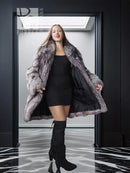 Gray silver fox fur coat with open front and dark lining