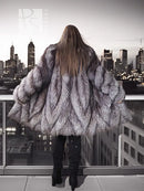 Gray silver fox fur coat viewed from back, full sleeves and wide collar