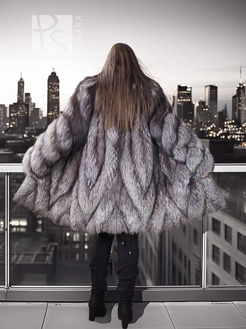 Gray silver fox fur coat viewed from back, full sleeves and wide collar