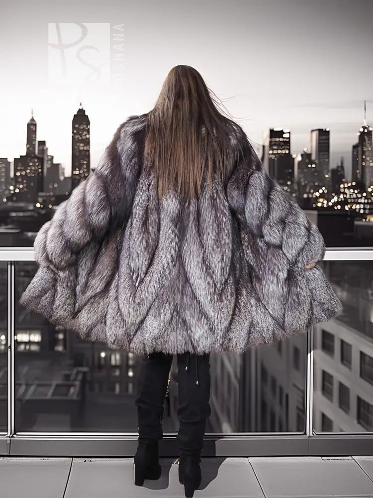 Gray silver fox fur coat viewed from back, full sleeves and wide collar