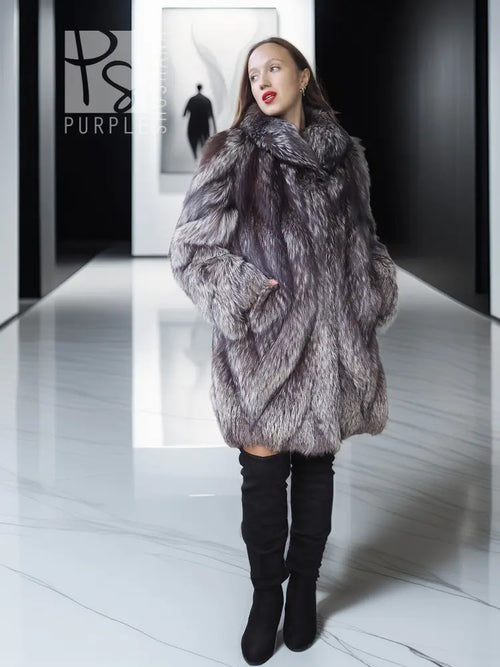 Silver fox fur coat in dark gray with wide shawl collar, mid-length hem, long sleeves.