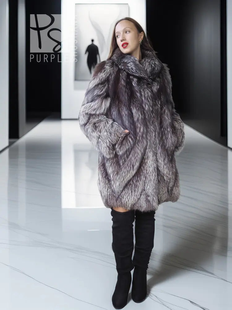 Silver fox fur coat in dark gray with wide shawl collar, mid-length hem, long sleeves.