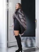 Gray silver fox fur coat with draped sleeves and open side view