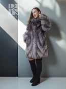 Silver fox fur coat in dark gray, side profile, standing collar, long sleeves, button-front.