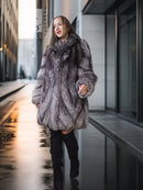 Silver fox fur coat in dark gray, front view, standing collar, long sleeves, button-front.