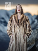 Vintage fur coat close-up, beige-and-brown striped fur with wide collar