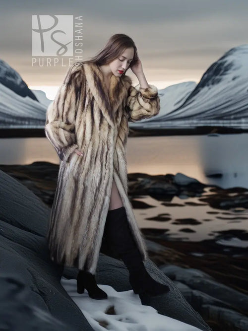 Long fur coat with beige-brown striped fur, close side view with tall collar.
