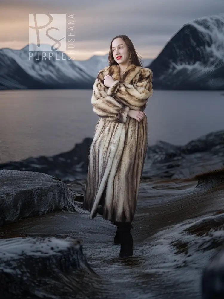 Vintage fur coat, long beige-and-brown striped fur with wide collar