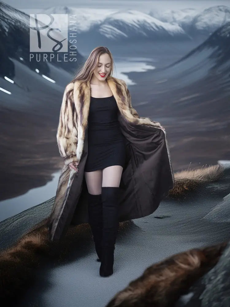 Long fur coat with beige-brown striped fur, draped front silhouette, standing pose.