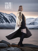 Long striped fur coat, side view with draped sleeves and open front in tan and dark.
