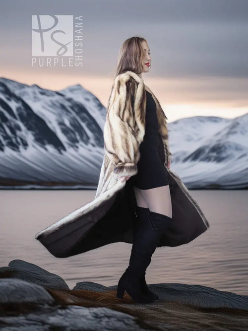 Long striped fur coat, side view with draped sleeves and open front in tan and dark.