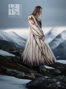 Long striped fur coat with full skirt hem, tan and dark vertical fur sections.