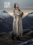 Long striped fur coat with open front, tan and dark fur panels, full sleeves.