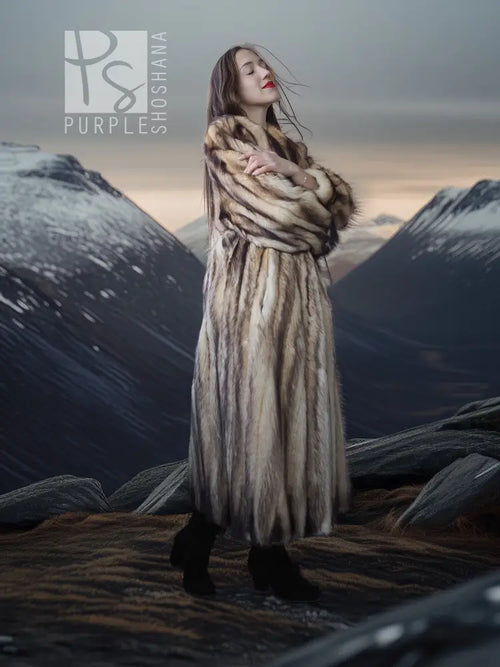 Long striped fur coat with open front, tan and dark fur panels, full sleeves.