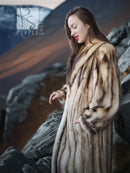 Long fur coat with open front, striped tan and dark fur, visible collar and cuffs.