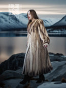 Long fur coat with flowing sleeves and beige-brown striped fur, side view walking pose.