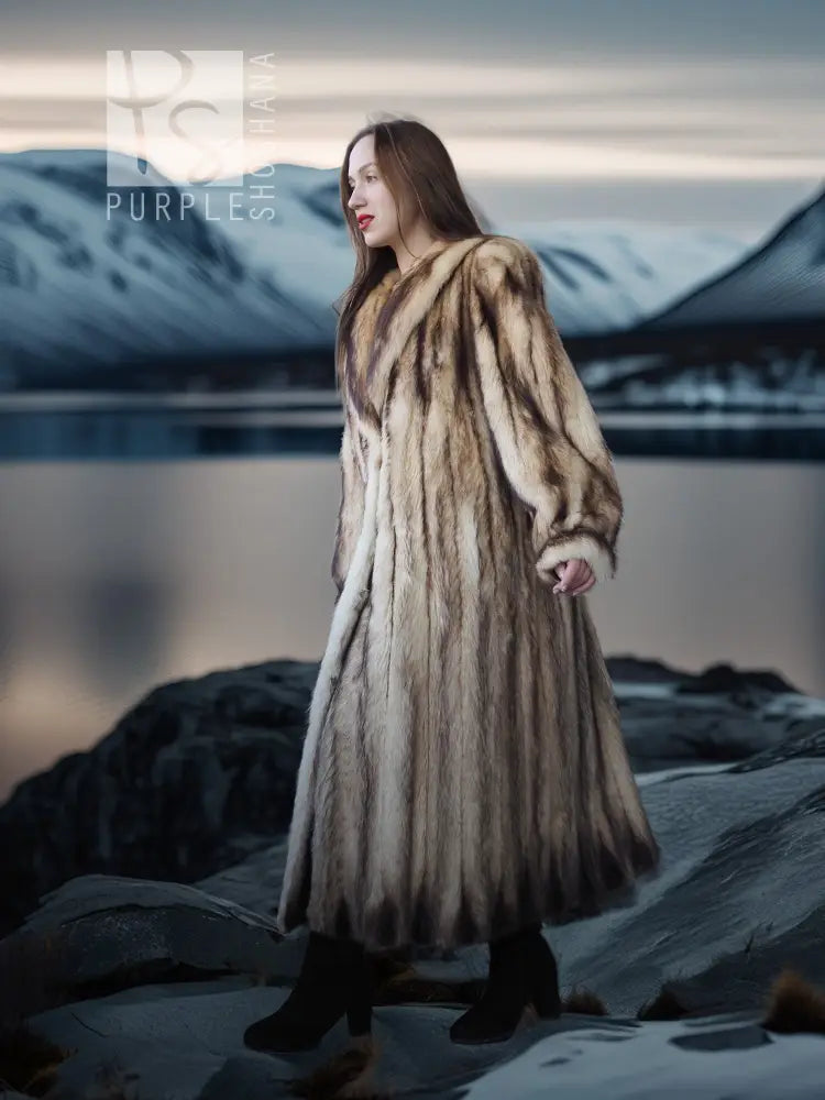 Long fur coat with flowing sleeves and beige-brown striped fur, side view walking pose.