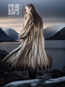 Vintage fur coat, long beige-and-brown striped with wide collar and flared hem