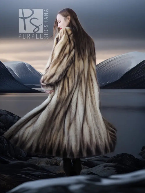 Vintage fur coat, long beige-and-brown striped with wide collar and flared hem