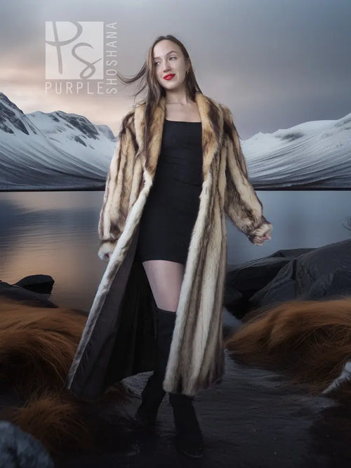 Long striped fur coat, front view with open front, tan and dark vertical fur stripes.