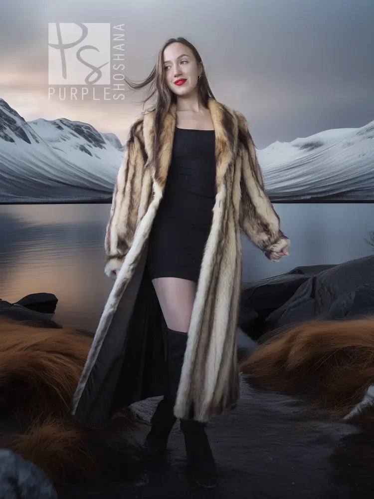 Long striped fur coat, front view with open front, tan and dark vertical fur stripes.