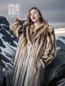 Long striped fur coat with standing collar, tan and dark fur texture on sleeves.