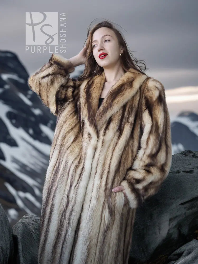 Long striped fur coat with standing collar, tan and dark fur texture on sleeves.
