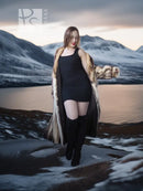 Vintage fur coat with open front, beige-and-brown striped fur panels and long sleeves